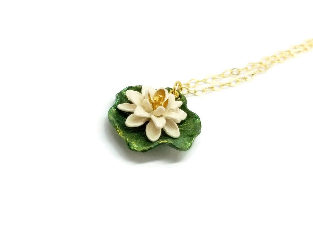 White Lotus Flower Lily Pad Necklace Quality Handmade Gift Nature
