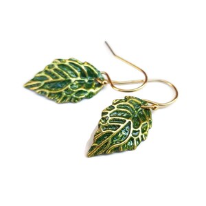 Mini Leaf Earrings, Hand Painted Forest Green Leaves w/ Gold Filled Ear Wires - Small Gold Green Fantasy Elven Jewelry - Green Leaf Earrings