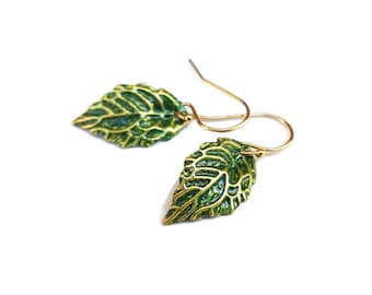 Mini Leaf Earrings, Hand Painted Forest Green Leaves w/ Gold Filled Ear Wires - Small Gold Green Fantasy Elven Jewelry - Green Leaf Earrings