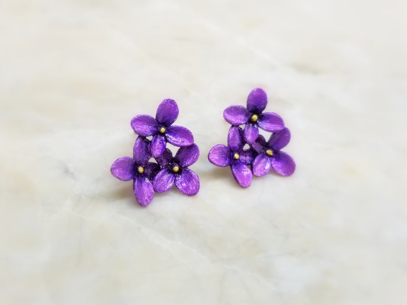 Flower Art Jewelry Earrings Violets Hand Painted Purple | Etsy