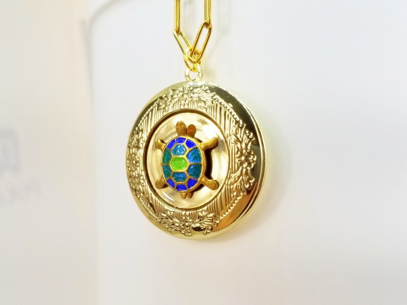 Personalized Keepsake Gold Filled Clasp 18 or 24 Hand Painted Turtle Art Necklace Blue Green Turtle Locket Necklace Nature Jewelry
