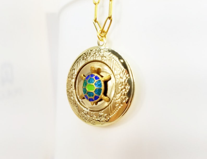 Personalized Keepsake Gold Filled Clasp 18 or 24 Hand Painted Turtle Art Necklace Blue Green Turtle Locket Necklace Nature Jewelry