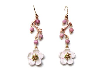 Hand Painted Apple Blossom Earrings: Ruby Dangles, Gold Filled Hooks