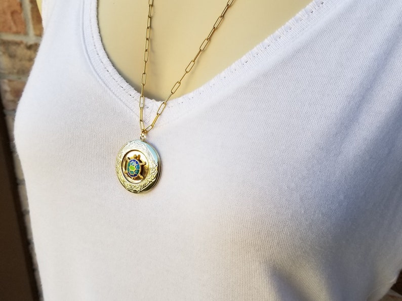 Personalized Keepsake Gold Filled Clasp 18 or 24 Hand Painted Turtle Art Necklace Blue Green Turtle Locket Necklace Nature Jewelry