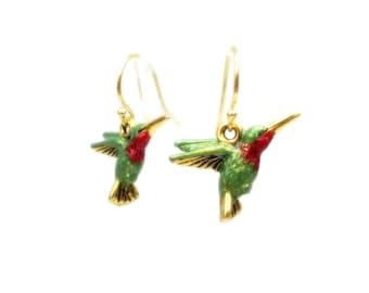 Green Hummingbird Earrings - Quality Handmade Gift - Mini Small Cute Hand Painted Red, Green w/ Gold Filled Ear Wires - Bird Nature Jewelry