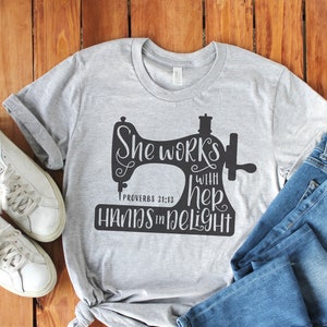 Hand Lettered, Sewing Machine, She Works with her hands in delight, Proverbs 31:13, Cricut, Silhouette, SVG, PNG, Digital Cut File, Craft image 1