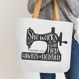 Hand Lettered, Sewing Machine, She Works with her hands in delight, Proverbs 31:13, Cricut, Silhouette, SVG, PNG, Digital Cut File, Craft image 3