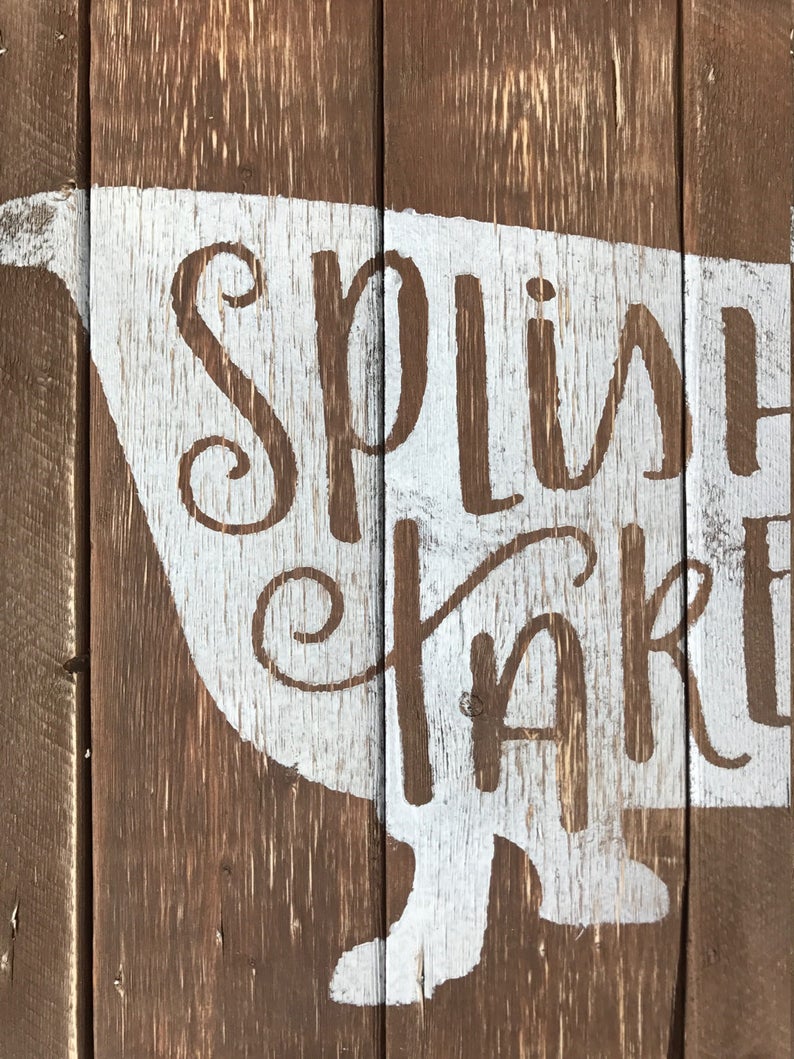 May include: White painted wooden sign with a bathtub silhouette and the words "Splish Splash" in a cursive font.
