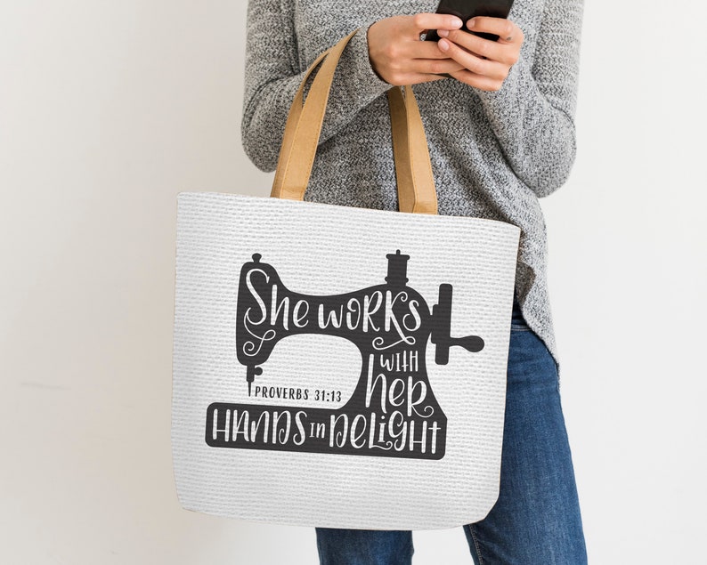 Hand Lettered, Sewing Machine, She Works with her hands in delight, Proverbs 31:13, Cricut, Silhouette, SVG, PNG, Digital Cut File, Craft image 3