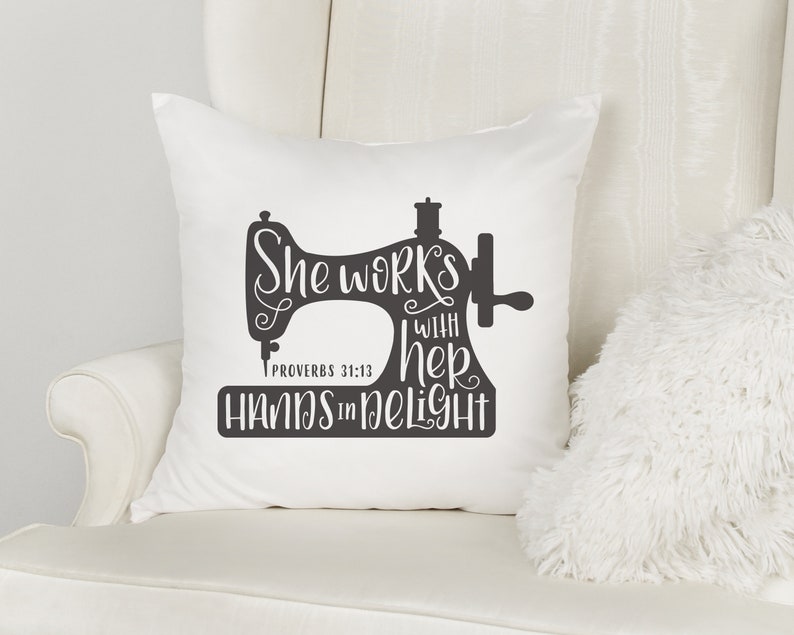 Hand Lettered, Sewing Machine, She Works with her hands in delight, Proverbs 31:13, Cricut, Silhouette, SVG, PNG, Digital Cut File, Craft image 2