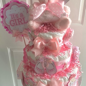 Baby Girl Pink Teddy Bear Three Tier Diaper Cake - Cute Teddy Bear | Diaper Cake | Teddy Bear | Girl Teddy Bear | Bear Baby Shower |