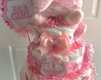 Baby Girl Pink Teddy Bear Three Tier Diaper Cake - Cute Teddy Bear | Diaper Cake | Teddy Bear | Girl Teddy Bear | Bear Baby Shower |