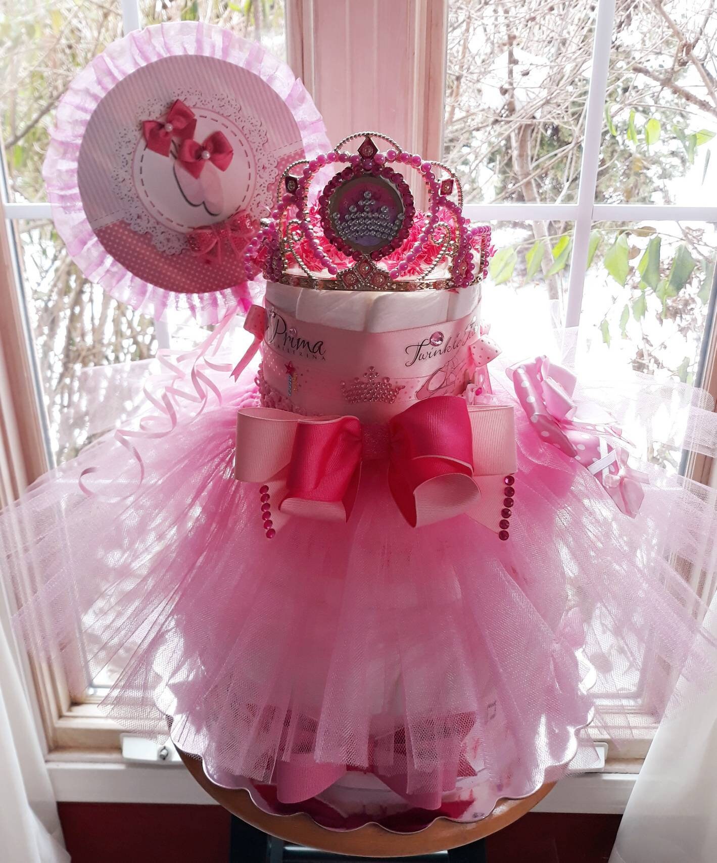 Pink 3 Tier Ballerina Princess Diaper Cake With Tiara Ballerina Diaper
