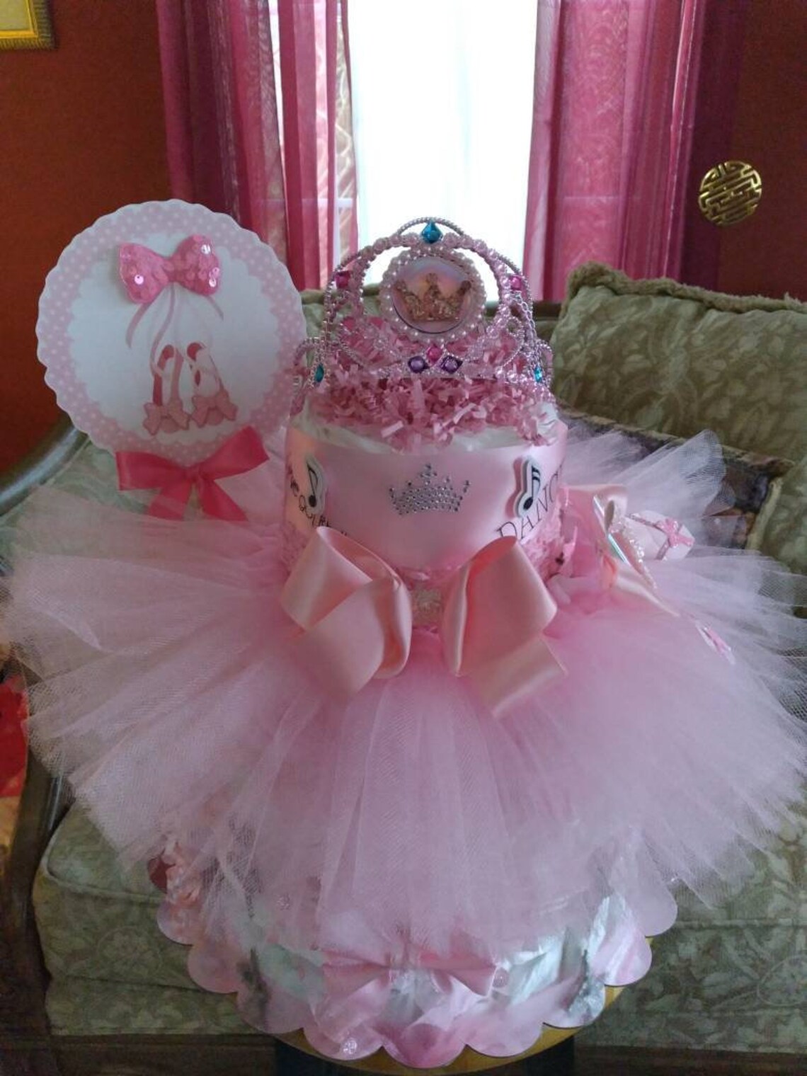 Pink 3 Tier Ballerina Princess Diaper Cake With Tiara Ballerina Diaper