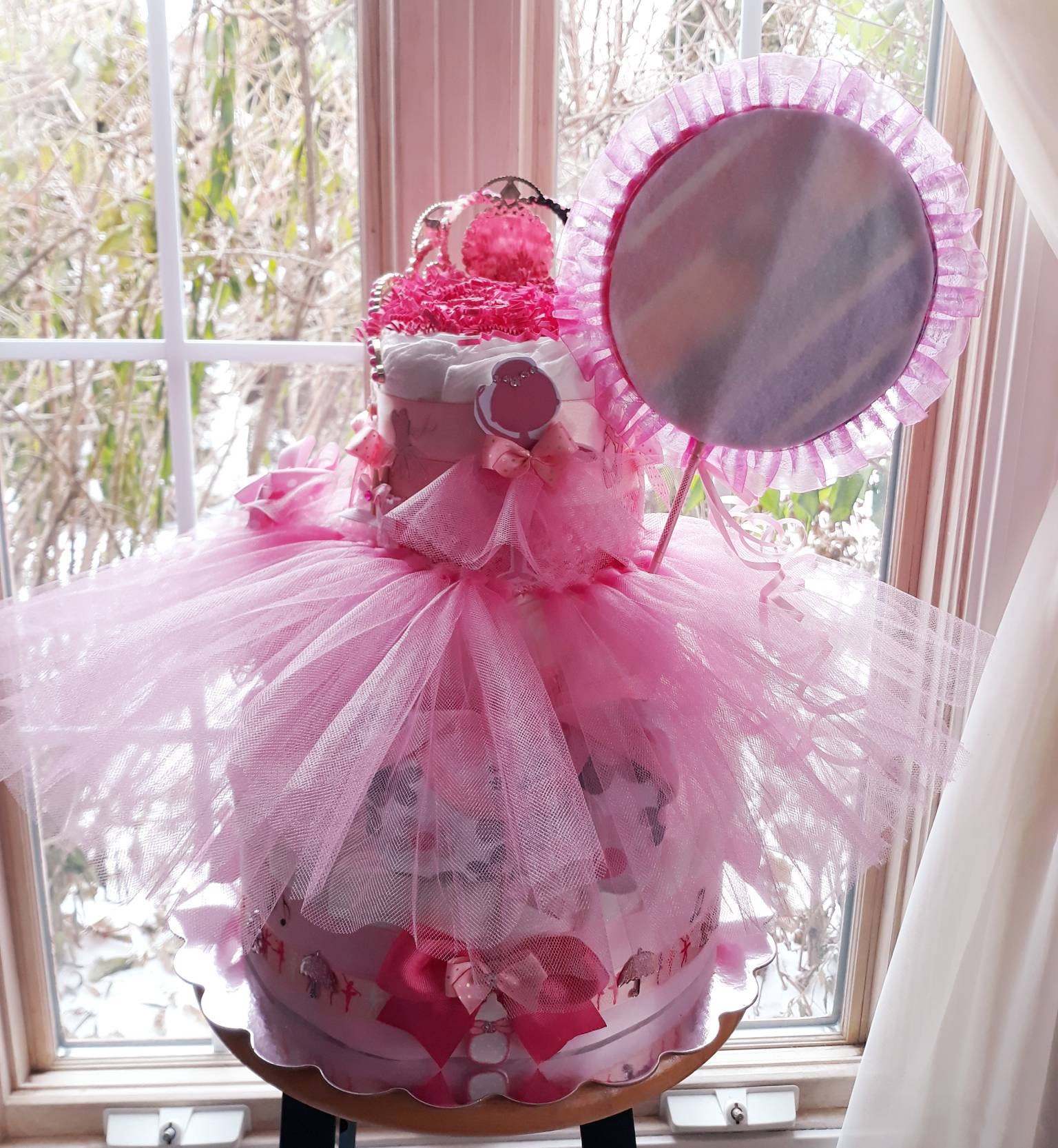 Pink 3 Tier Ballerina Princess Diaper Cake With Tiara Ballerina Diaper