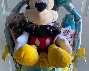 Pastel de pañales de un piso con temática de Mickey Mouse - Decoración para fiesta de Mickey / Adorno de Mickey Mouse / Pastel de pañales de dibujos animados / Pastel de pañales / Regalo para bebé