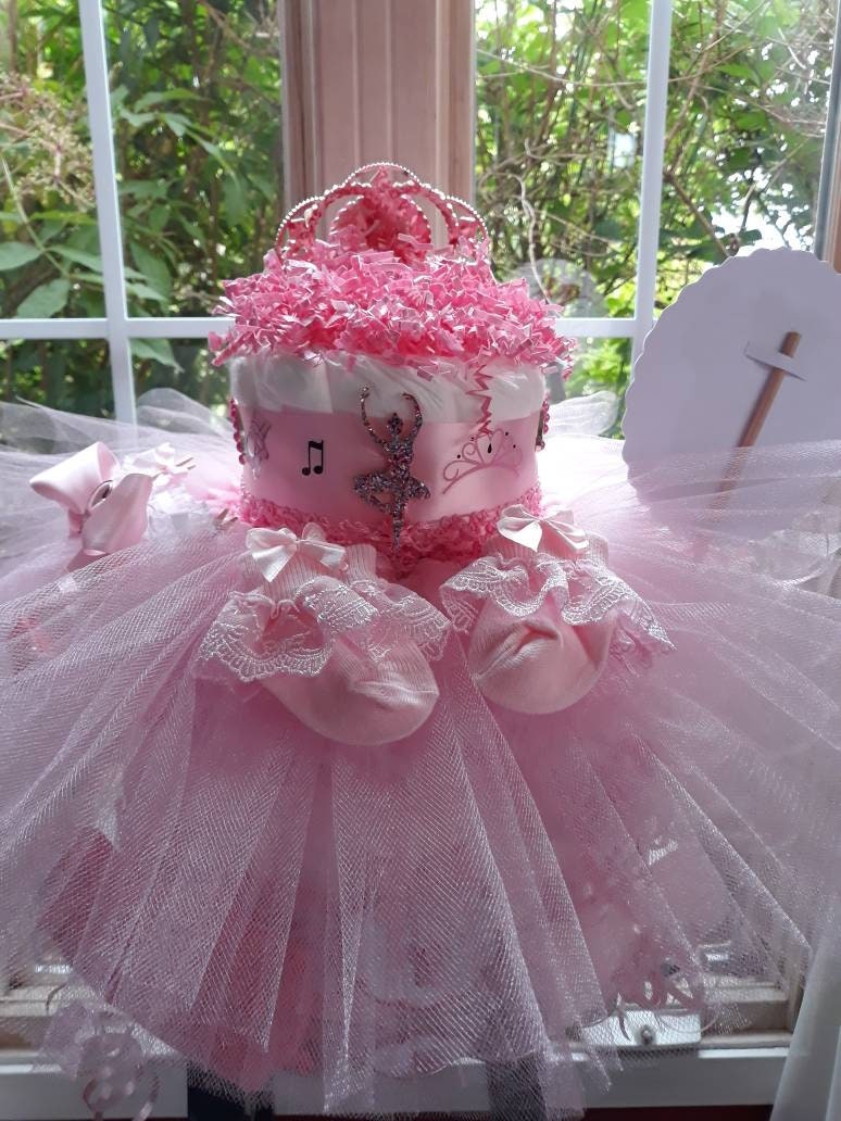 Pink 3 Tier Ballerina Princess Diaper Cake With Tiara Ballerina Diaper