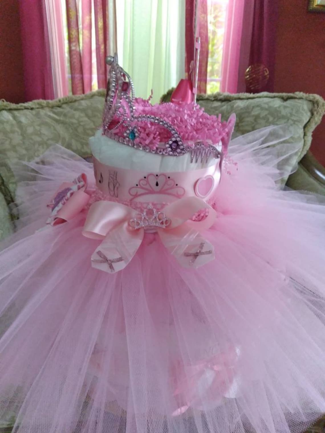 Pink 3 Tier Ballerina Princess Diaper Cake With Tiara Made Etsy