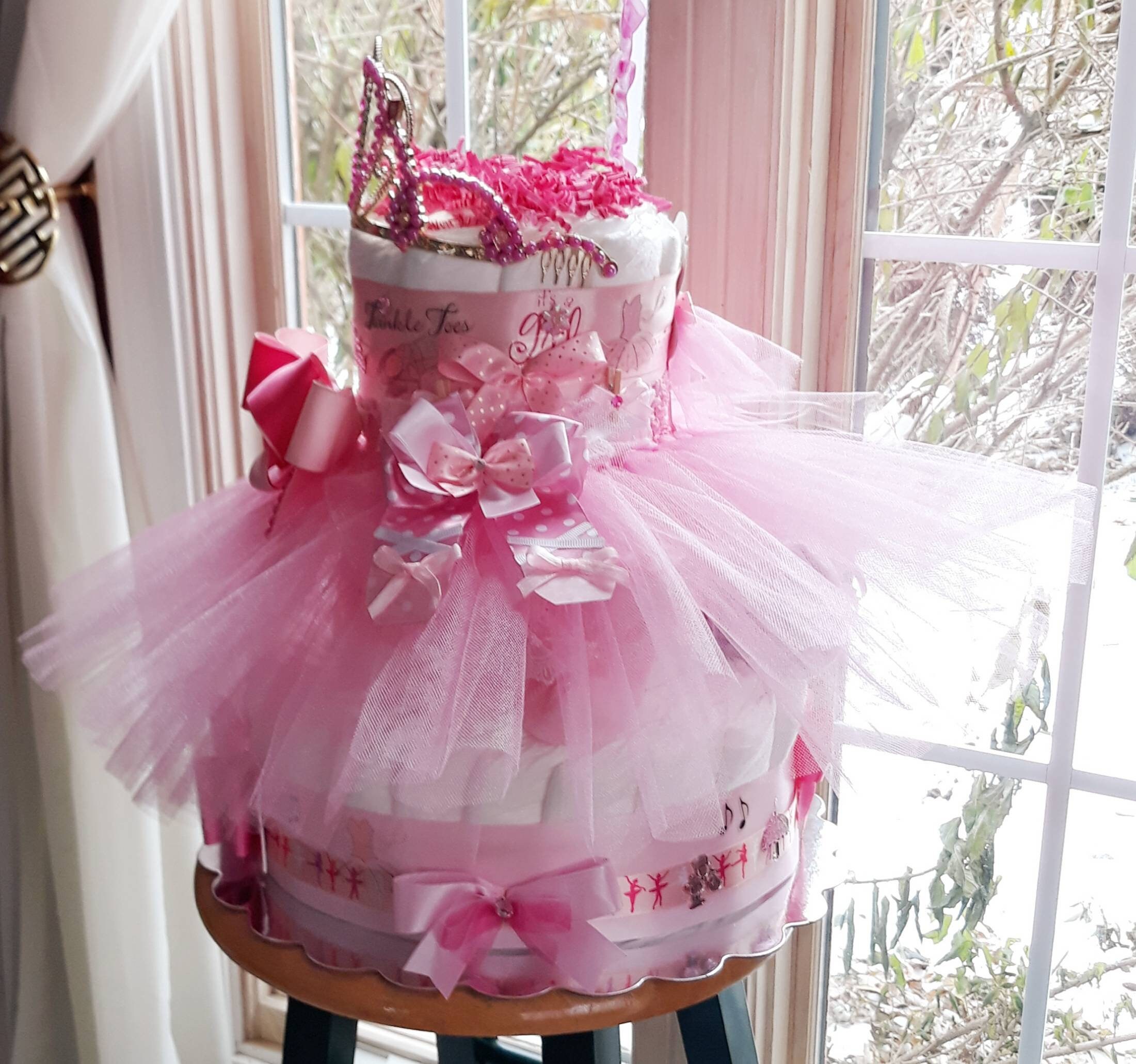 Pink 3 Tier Ballerina Princess Diaper Cake With Tiara Ballerina Diaper