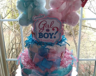 Pastel de pañales rosa y azul de 3 niveles para revelar el género - Pastel para baby shower / Pastel de pañales personalizado / Baby Shower para revelar el sexo / Baby Shower para revelar el género / Regalo para bebé