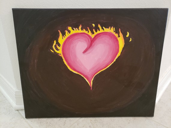 Heart On Fire Acrylic Painting On Canvas Etsy