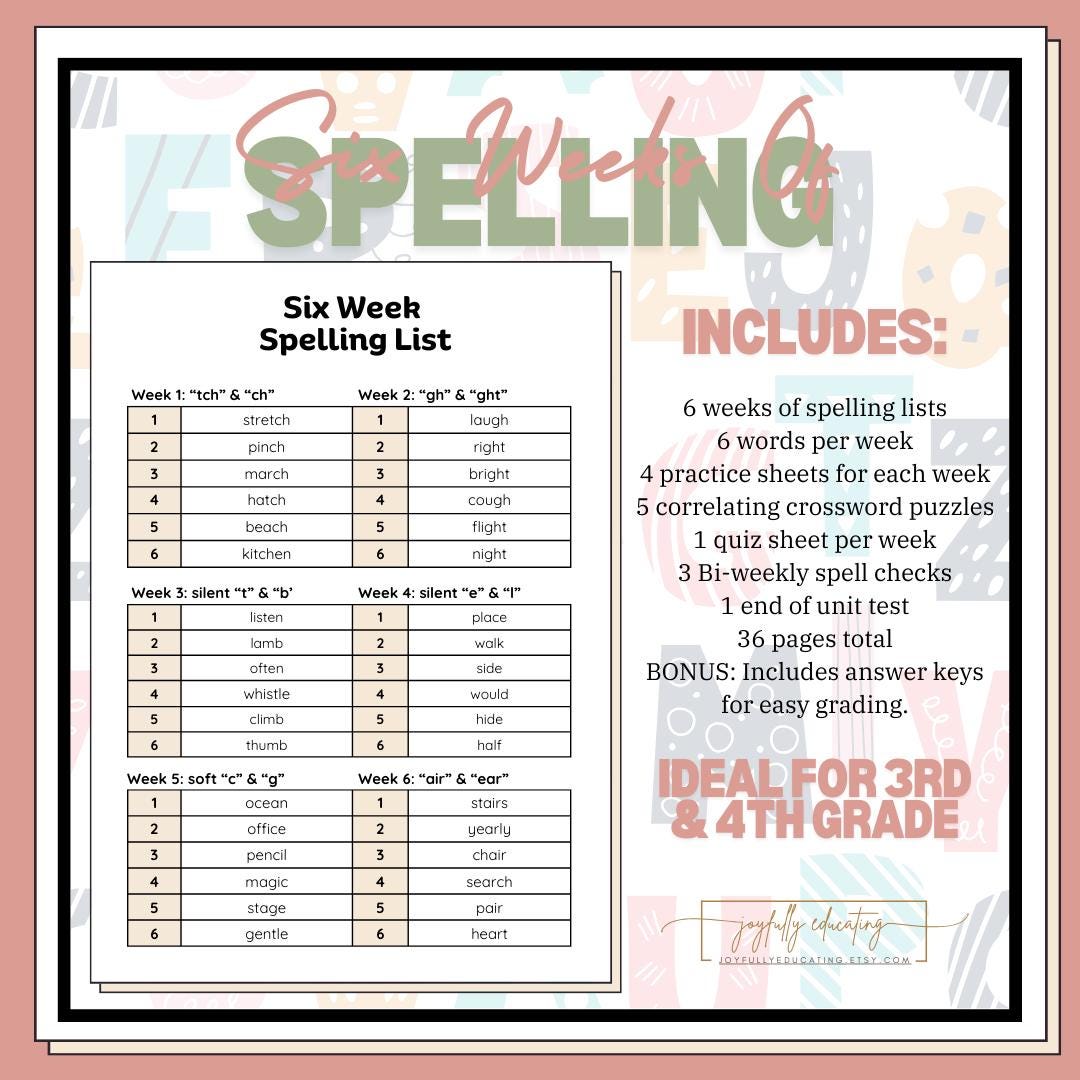 6 Week Spelling Bundle/3rd & 4th Grade Spelling/vocabulary Practice ...