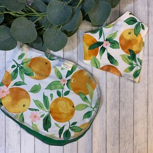 Neutral NB Baby Shower Gift Set Spring Summer Oranges Swaddle Receiving Blanket Burp Cloths Bandana Bib Hat Headband Mom Scrunchies