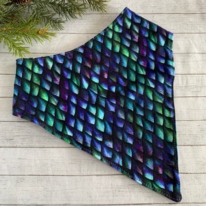 May include: A dark blue bandana with a green and purple scale pattern.