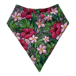 May include: A triangular bandana with a tropical print featuring pink and red flowers and green leaves.