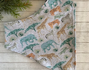 Bavoir bandana pour grands enfants Bavoir imperméable pour adolescents à besoins spéciaux Écharpe de dignité pour adultes Animaux de la jungle Éléphant Zèbre Girafe Animaux de la savane Bavoir tigre