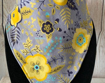 Waterproof Bandana Bib Big Girl Adult Drool Dignity Scarf Yellow Grey Flowers Spring Teen Reversible Bib Special Needs