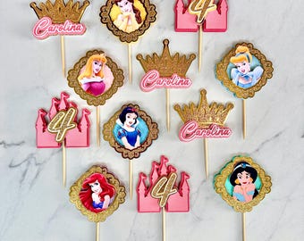 Princess Party Cupcake Toppers | Pink Princess Party Picks | Royal Celebration | Four Ever a Princess | Belle | Aurora | Cinderella