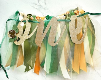 Wild One Safari First Birthday High Chair Banner | Tutu Skirt | Jungle Safari Garland | Party Decor | First Birthday Banner | Green and Gold