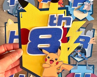 Pokemon Happy Birthday Party Banner | Pikachu Party Decor | Charmander Banner | Pokeball | Bulbasaur | Eevee | Birthday Banner