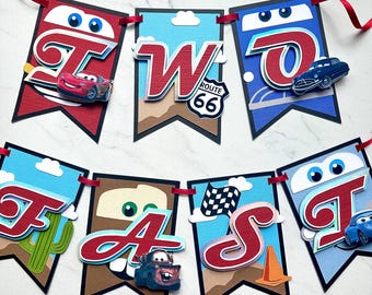 Cars Themed Birthday Banner | Lightning McQueen Party Banner | Race Car Decor | Two Fast Banner | Radiator Springs | Mater | Custom Banner