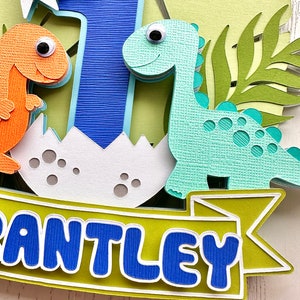 Pu&ograve; includere: Un topper per torta a tema dinosauro, di colore verde, blu e arancione, con il nome "ANTLEY" in lettere blu su uno stendardo verde. Il topper comprende un numero uno blu, un dinosauro verde e un dinosauro arancione.