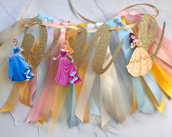 Disney Princesses First Birthday High Chair Banner | Tutu Skirt | Princess Garland | First Birthday Banner | Cinderella | Aurora | Belle