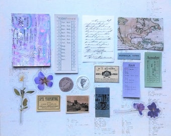 ATC Ephemera Kit, DIY Artist trading Card, ACEO Vintage, Purple, Tag, Postcard, Journal Page Embellishment, Scrapbooking, Travelers Notebook