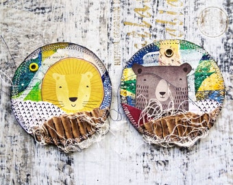 Woodland Creature Tags, Junk Journal Embellishments, Round Journaling Cards, Lion Bear, Blue Yellow Green, For Baby Children's Book, Circle