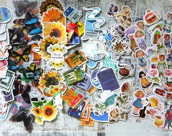 100+ Piece Sticker Pack, Random Grab Bag, Assorted Planner Stickers, Art Junk Journal, Butterfly, Sunflower, Food, Cats, Vintage Doll