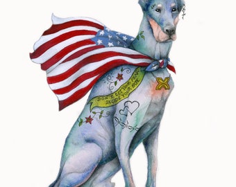 May include: A watercolor painting of a blue Doberman Pinscher wearing a red, white, and blue cape and a gold dog tag with a cross. The dog has tattoos on its body, including a banner that reads "Don't let your fear decide your fate".