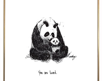 Panda Bear "You Are Loved" 8x10 lightly textured archival quality fine art print, black and white. Perfect for nursery or baby shower gift!