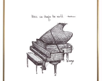 Piano "Music can change the world. -Beethoven" archival quality fine art paper print, 8x10 black and white