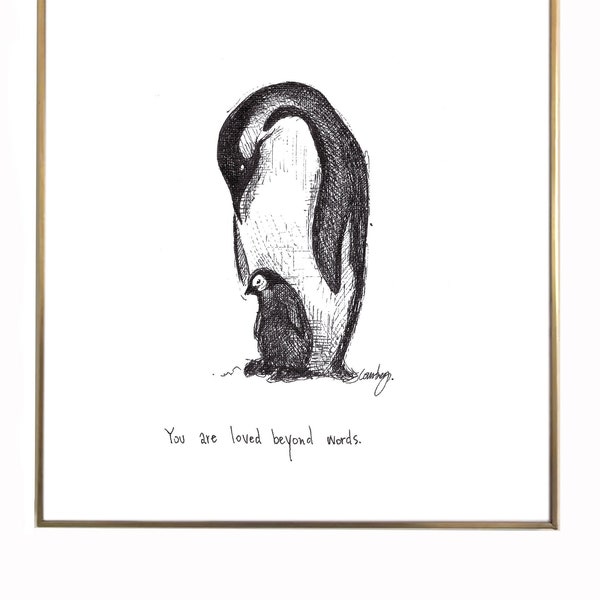 Penguins "You are loved beyond words." 8x10 black and white archival quality fine art paper print