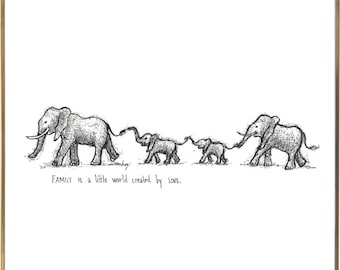Elephant Family two children "Family is a little world created by love." 8X10 archival quality fine art paper print
