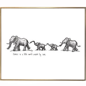 Elephant Family two children "Family is a little world created by love." 8X10 archival quality fine art paper print