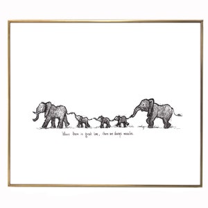 Elephant family 3 children "Where there is great love, there are always miracles." 8x10 archival quality fine art paper print.