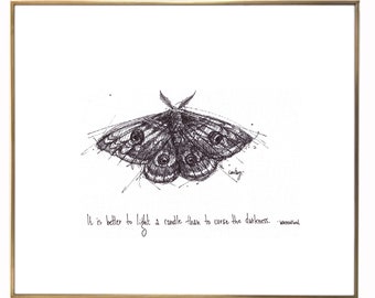 Moth "It is better to light a candle..." 8x10 archival quality fine art paper print, black and white.