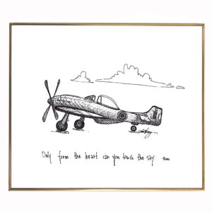 Vintage Airplane "Only from the heart can you touch the sky. -Rumi" Archival quality fine art paper print, lightly textured black and white.