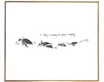 Sea Turtle Family "A family in harmony will prosper in everything." 8x10 archival quality fine art paper print, black and bright white.